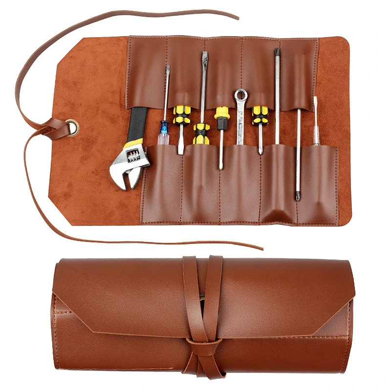 Waxed real leather Chef Knife Roll Bag Heavy Duty Storage Knife Cutlery Tool Case with 6 Slots Wrapping Strap handbag