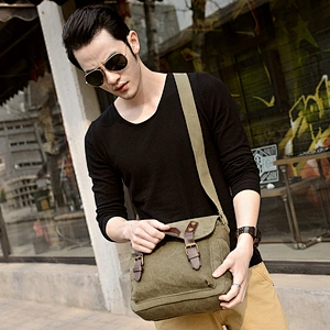 Vintage unisex travel two sided brown cotton canvas single shoulder messenger bag