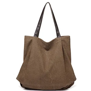 Ladies folding brown canvas tote bag handle shoulder shopping handbag for women