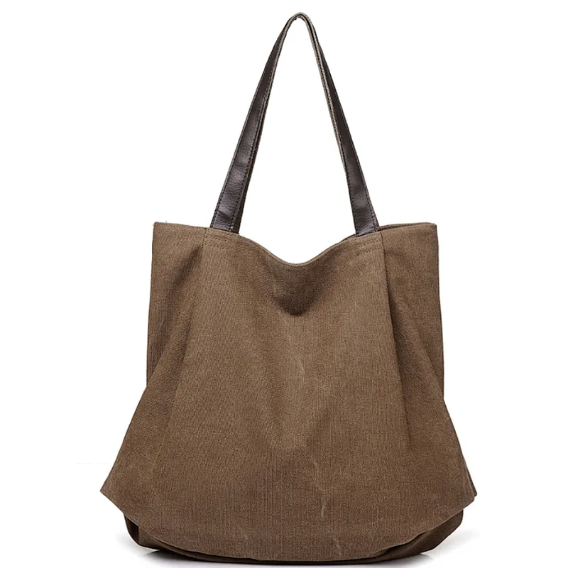 Ladies folding brown canvas tote bag handle shoulder shopping handbag for women