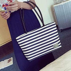 Lady's canvas stripes beach tote bag