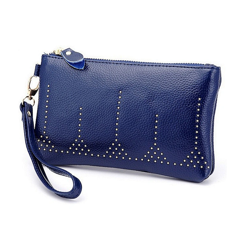 Amazon Hot Selling Pebbled Cowhide Leather Women Clutch Wallet with Wristlet Sparkling Studded Evening Purse Wallet