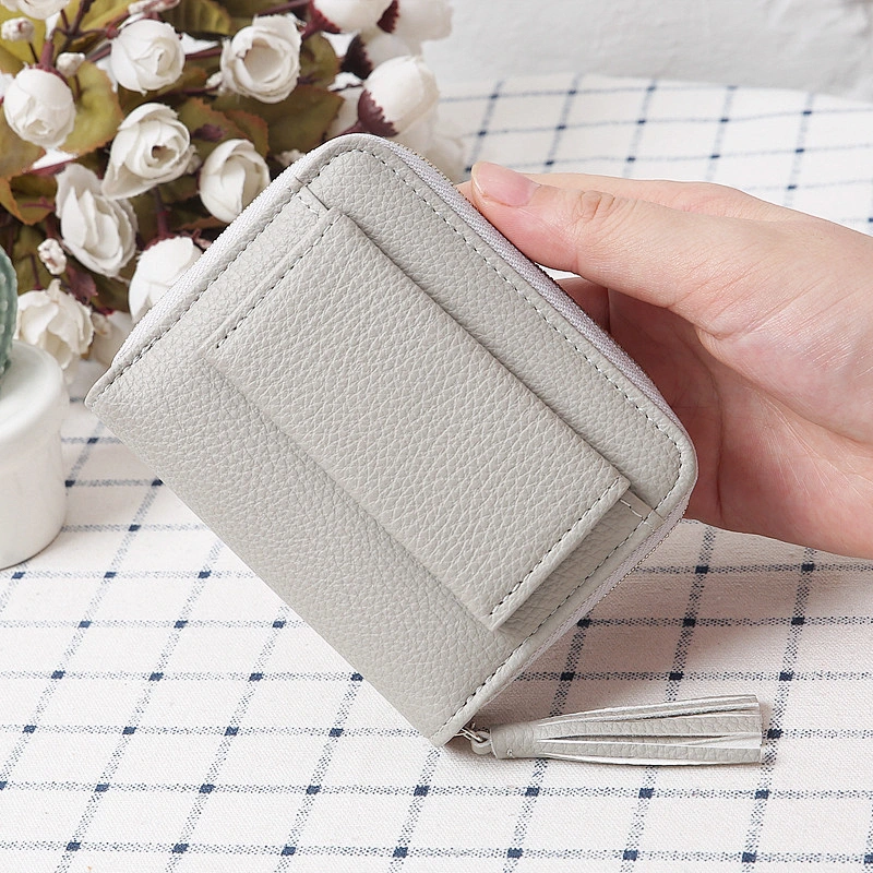 Ladies Korean Style Multi-functional Short Style Litchi Stria Coin Bag Wallet with Tassel