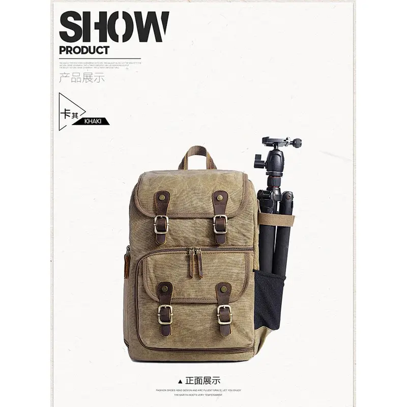 Fashionable vintage large capacity waterproof crazy horse leather canvas camera backpack for photography or leisure travel