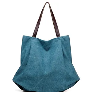 Ladies folding brown canvas tote bag handle shoulder shopping handbag for women
