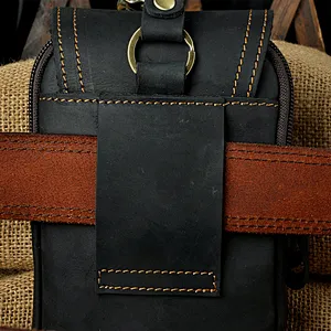 Mens Genuine Leather Hip Bum Pouch Pack Waist Belt Bag Small Hook Fanny Bag
