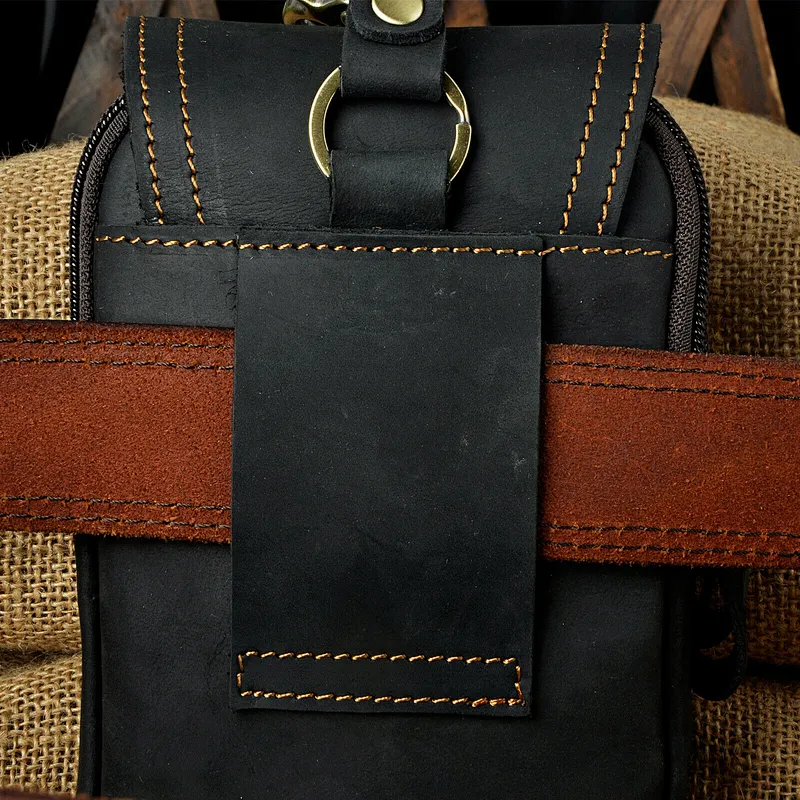 Mens Genuine Leather Hip Bum Pouch Pack Waist Belt Bag Small Hook Fanny Bag