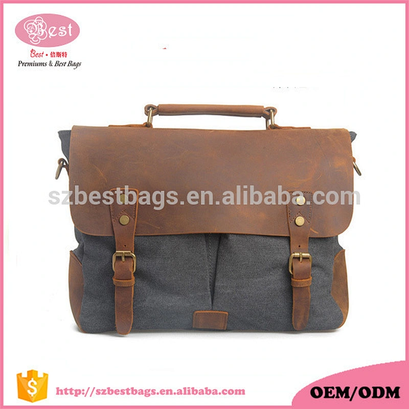 High quality vintage canvas crossbody bag with handle crazy horse leather bag