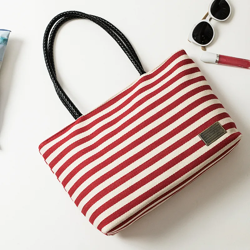 Lady's canvas stripes beach tote bag