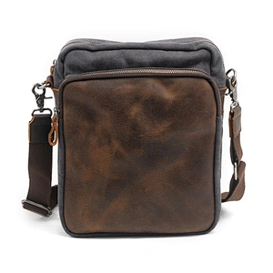 Men's Waxed Canvas Messenger Bags Vintage Genuine Leather Shoulder Bags Portable Computer Laptop Bag