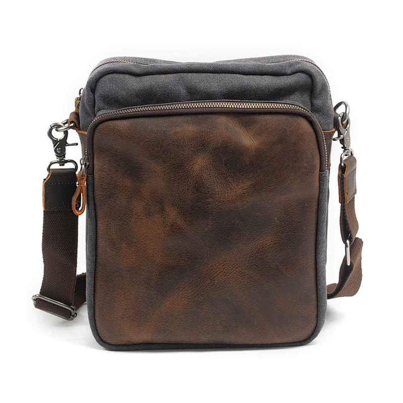 Men's Waxed Canvas Messenger Bags Vintage Genuine Leather Shoulder Bags Portable Computer Laptop Bag
