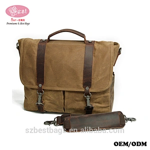 Vintage Real Leather Satchel Waxed Canvas Briefcase Men Laptop Messenger Bags