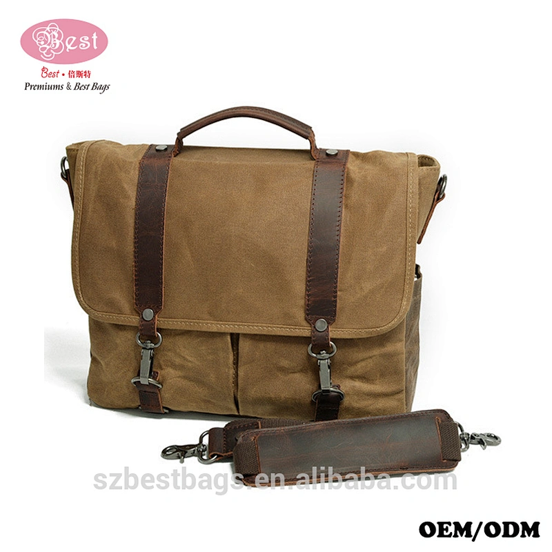Vintage Real Leather Satchel Waxed Canvas Briefcase Men Laptop Messenger Bags
