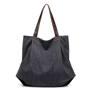 Ladies folding brown canvas tote bag handle shoulder shopping handbag for women