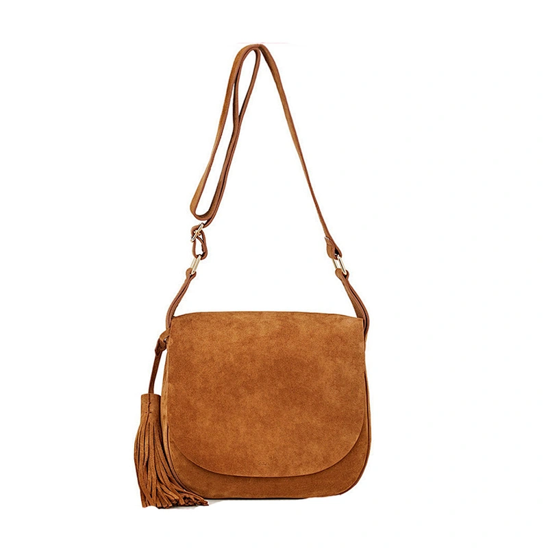 Hot Selling Designer Branded Pink Suede Leather Small Saddle Bag with Tassel Charm Hobo Bag for Lady
