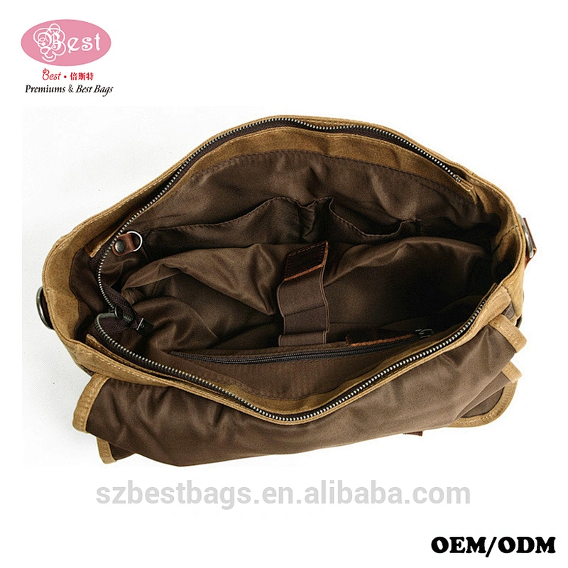 Vintage Real Leather Satchel Waxed Canvas Briefcase Men Laptop Messenger Bags