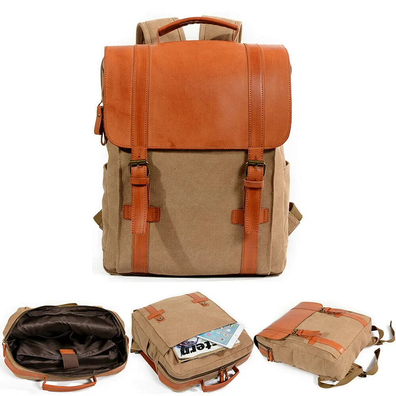 Vintage Leather Waxed Canvas Shoulder Rucksack Laptop Space for Travel  School