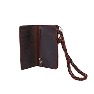 Vintage Style Crazy Horse Genuine Leather Wallet With Handle Large Capacity Unisex Wallet