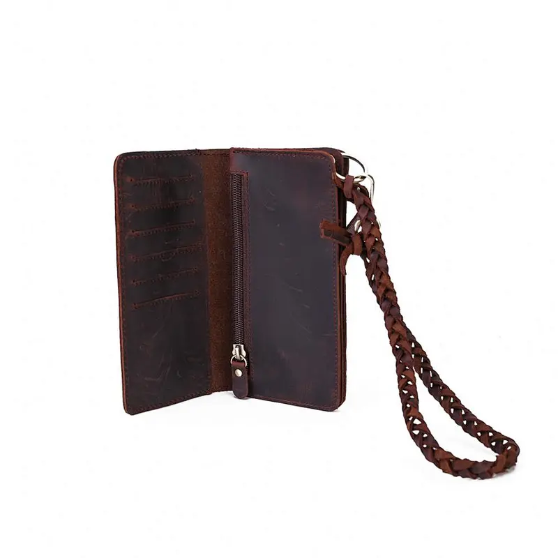 Vintage Style Crazy Horse Genuine Leather Wallet With Handle Large Capacity Unisex Wallet