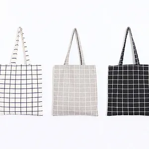 Vintage high quality eco cotton canvas souvenir promotional plaid tote shopping bag