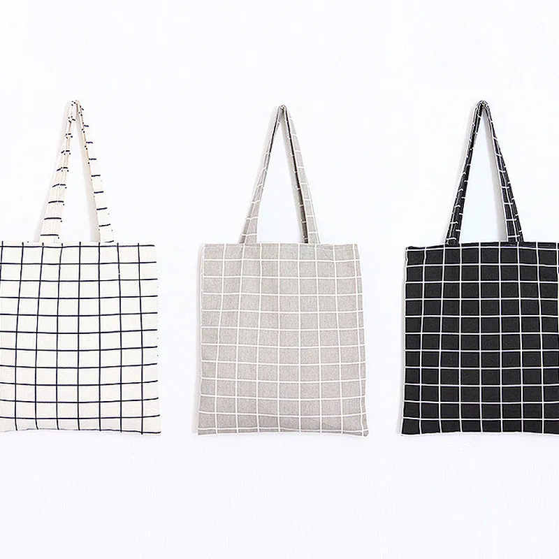 Vintage high quality eco cotton canvas souvenir promotional plaid tote shopping bag