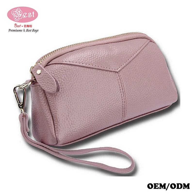 Wholesale Wristlet Purse Wallet Pebbled Real Leather Women Zipper Clutch Purse for necessaries