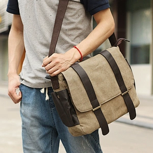 Cotton canvas laptop messenger shoulder strap school bag for teenagers boys