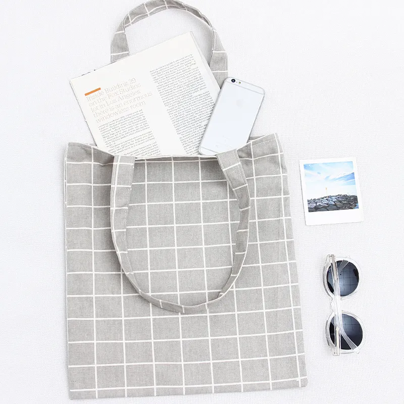Vintage high quality eco cotton canvas souvenir promotional plaid tote shopping bag