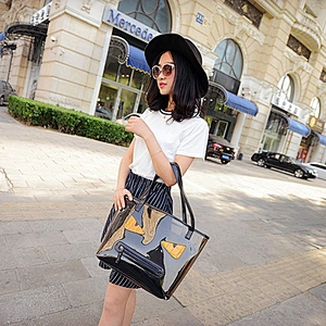 Black shiny pvc handle shopping hand bag clear tote bags ladies handbag