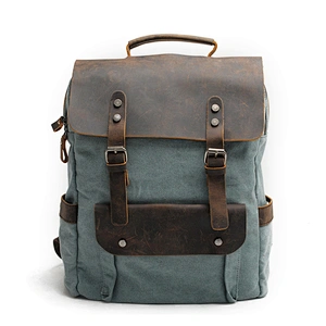 Men Outdoor Laptop Vintage Crazy Horse Leather Canvas Backpack