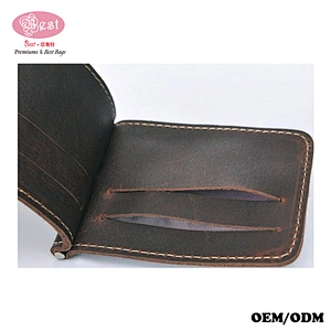 Drop Shipping Handmade Crazy Horse Leather Vintage Money Clip Bifold Wallet