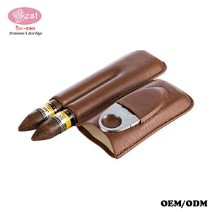 Custom High End Gift Cigar Holder 100% Pure Genuine Leather Humidor Cigar Case With Cutter