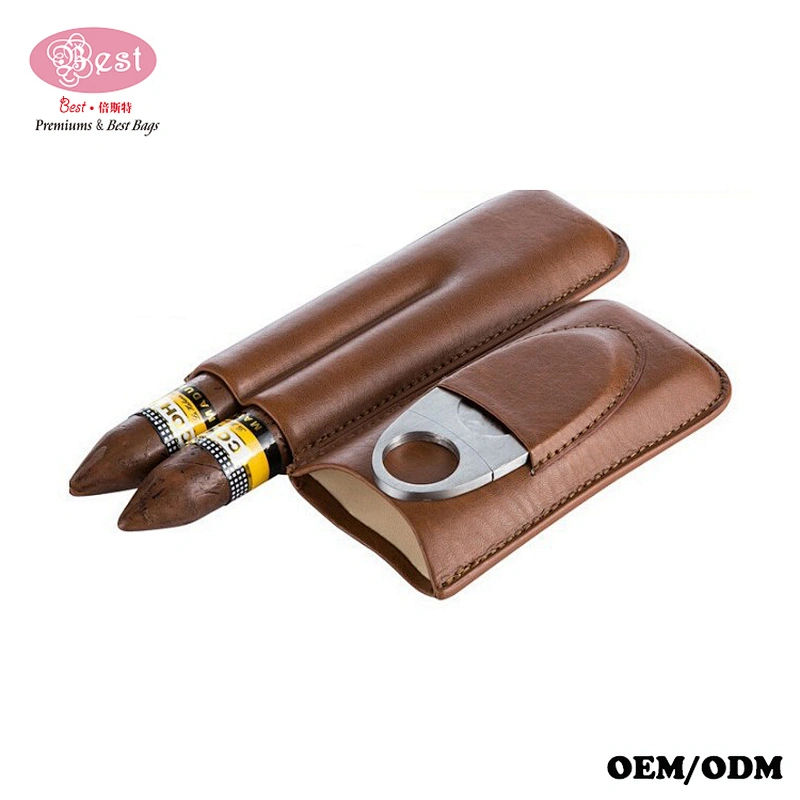 Custom High End Gift Cigar Holder 100% Pure Genuine Leather Humidor Cigar Case With Cutter