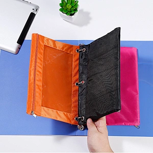 Wholesale 3 Rings Hole Pencil Pouch Stationery Bag Zipper Fabric Pockets for Office gift