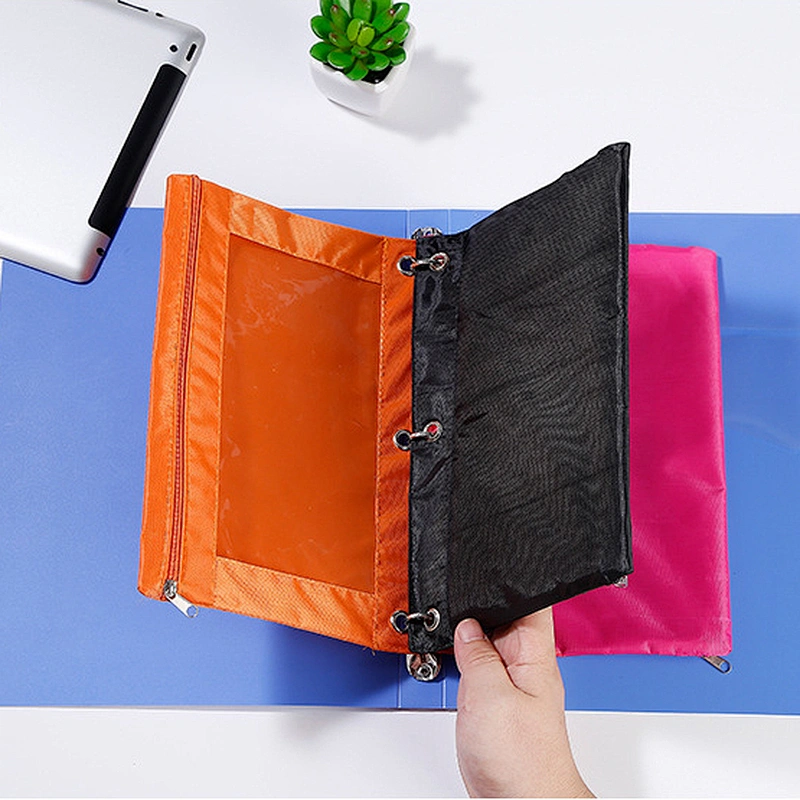 Wholesale 3 Rings Hole Pencil Pouch Stationery Bag Zipper Fabric Pockets for Office gift