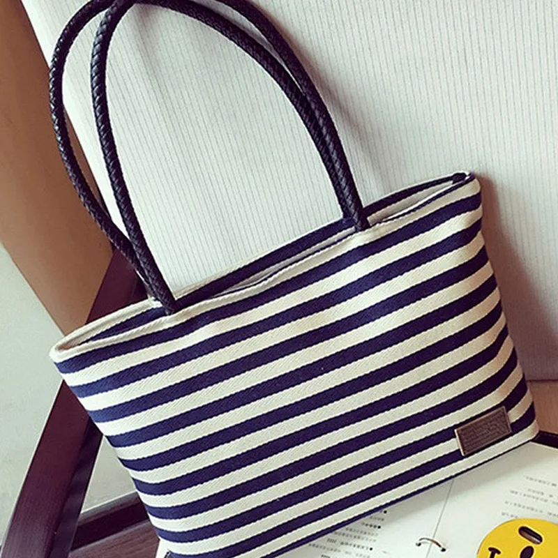 Lady's canvas stripes beach tote bag
