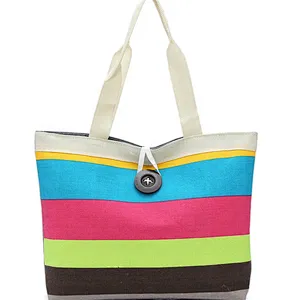 Wholesale standard size natural foldable cotton canvas stripes zipper pouch tote shopping bag