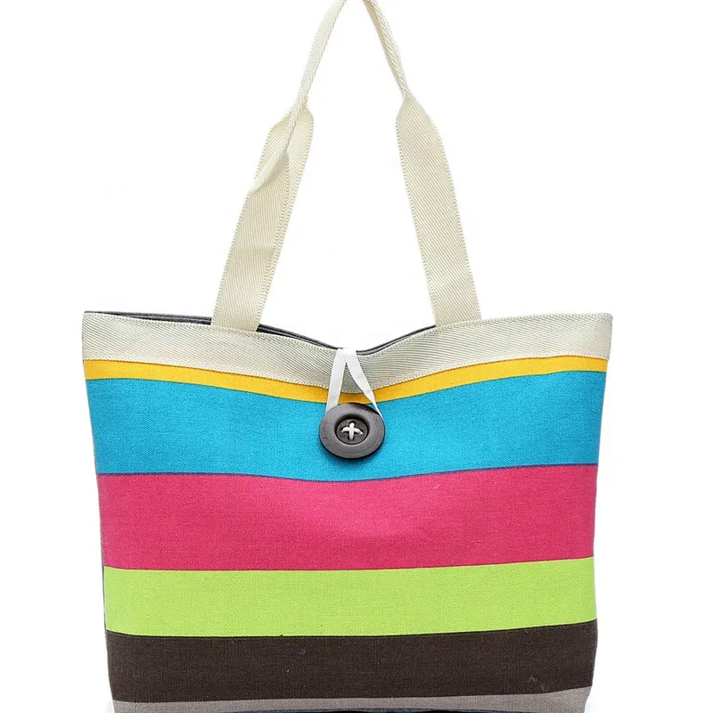 Wholesale standard size natural foldable cotton canvas stripes zipper pouch tote shopping bag