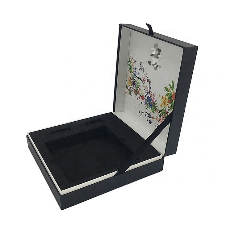 Luxury black matte UV spot customized logo book shape makeup box with EVA bracket