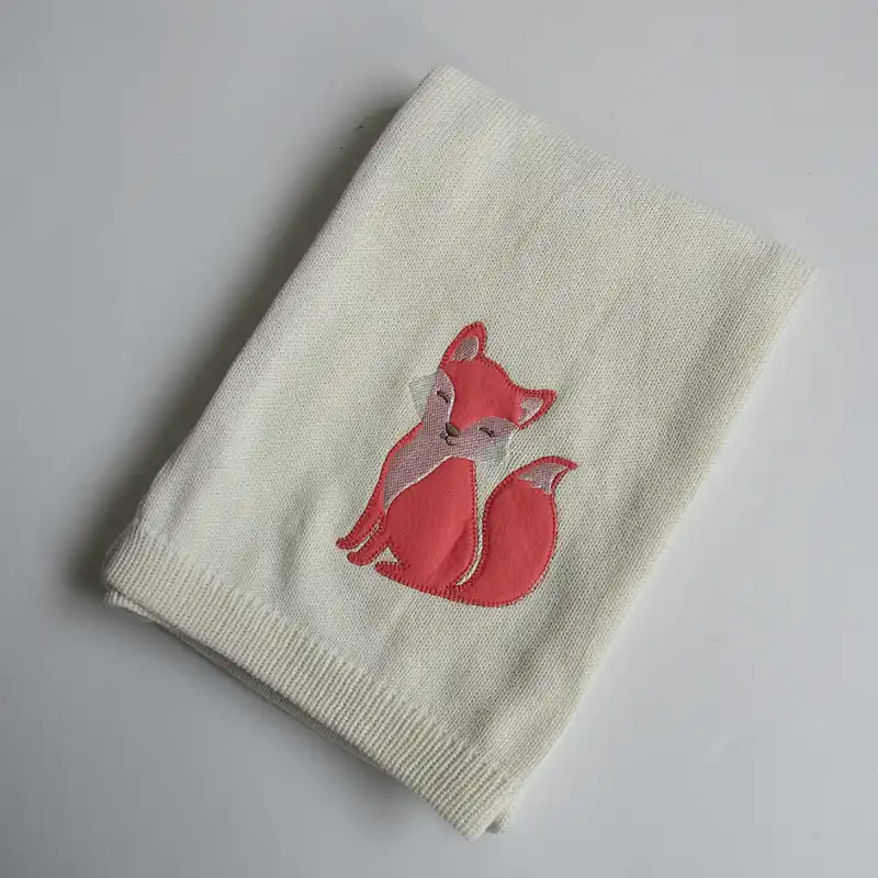 100% cotton embroidery fox knitted baby blanket