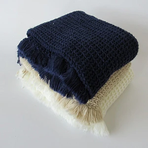 solid knit acrylic woven blanket with tassels