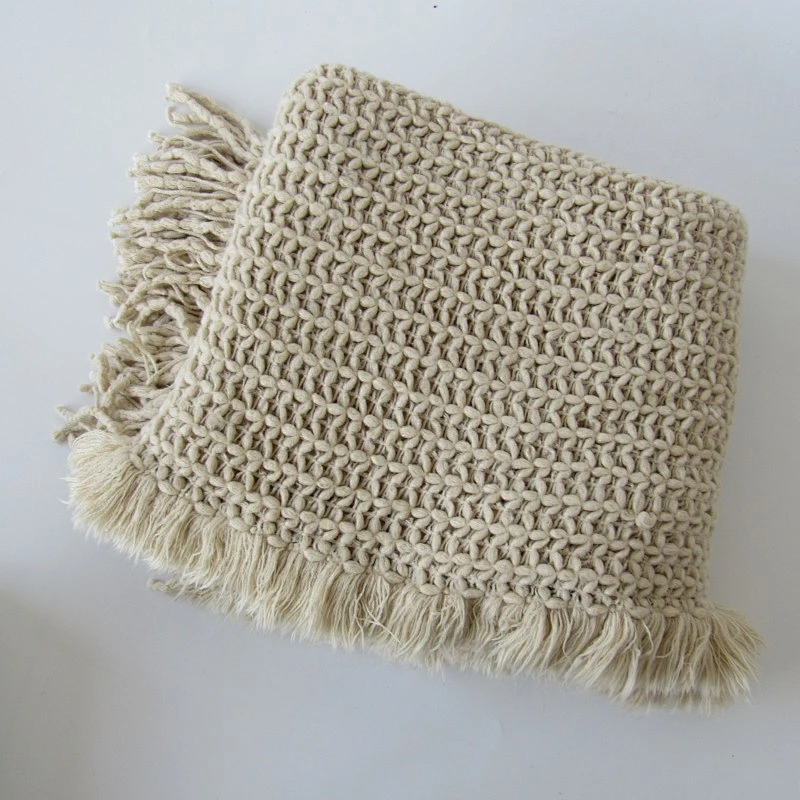 solid knit acrylic woven blanket with tassels
