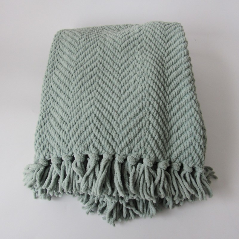 Herringbone polyester chenille knit fringe woven blanket with tassels