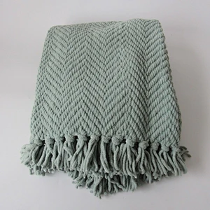 Herringbone polyester chenille knit fringe woven blanket with tassels
