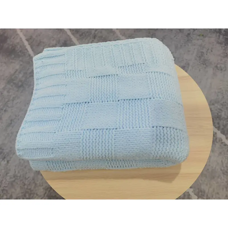 Blue square check chenille knitted cover blanket