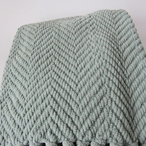 Herringbone polyester chenille knit fringe woven blanket with tassels