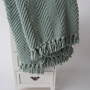 Herringbone polyester chenille knit fringe woven blanket with tassels