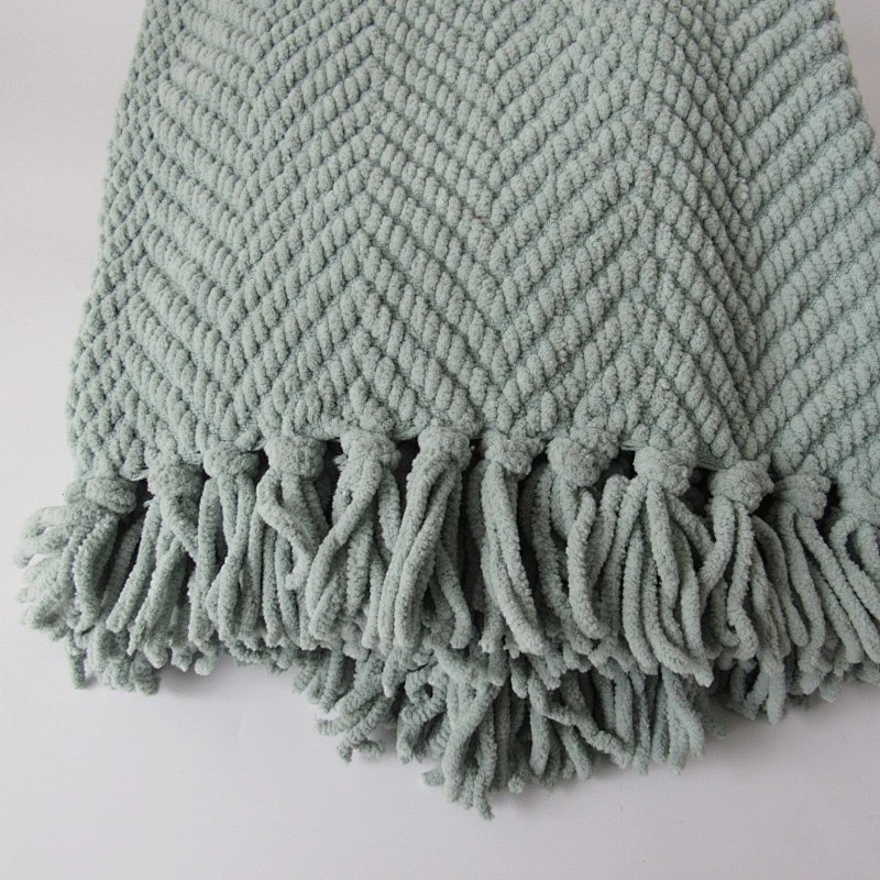 Herringbone polyester chenille knit fringe woven blanket with tassels