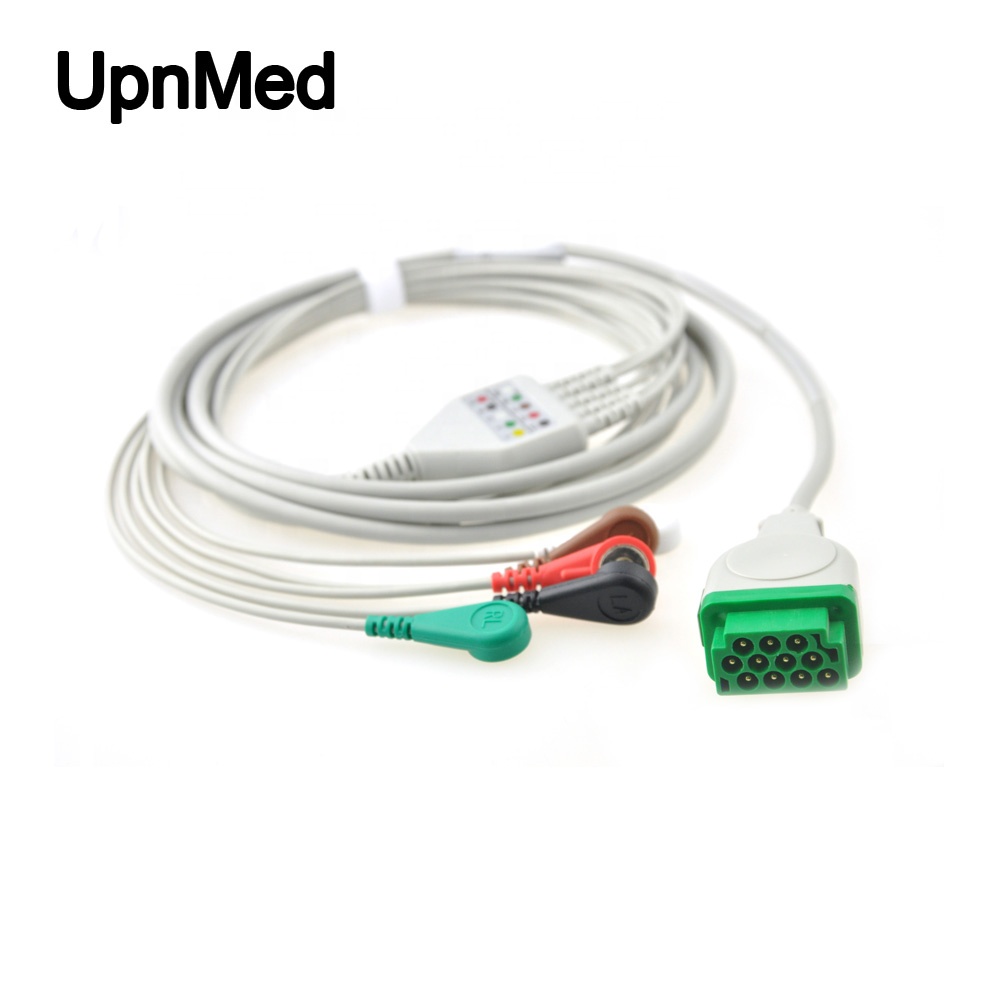 One piece GE ecg cable with 5 lead wires,snap end,11 pins