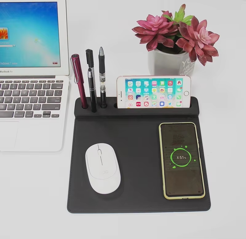 Eco-friendly Wireless Charging Mouse Pad PU Leather Mouse Pad Wireless Charge with Pen Holder